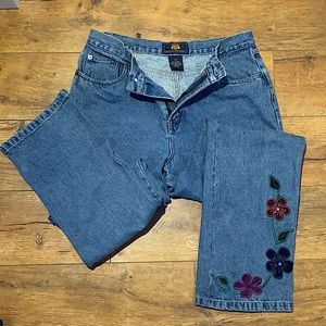 Vintage Route 66 High Rise Straight Fit Jeans With Pink Blue and Purple Flowers
